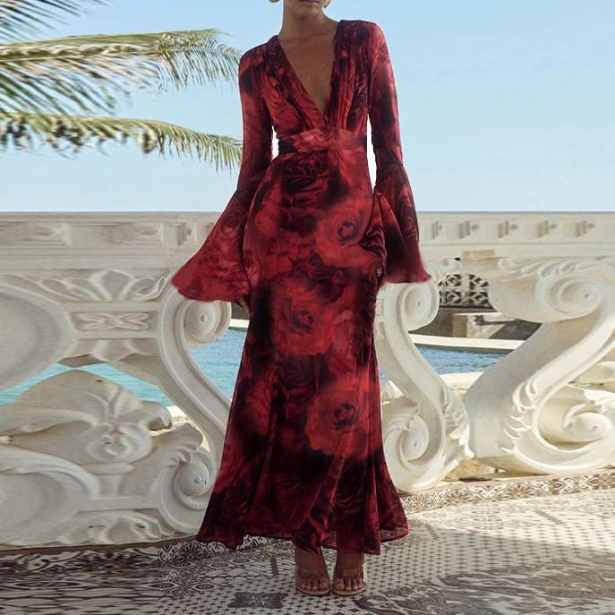 Bell Sleeve V-Neck Floral Print Mesh Maxi A-Line Dress Product Image