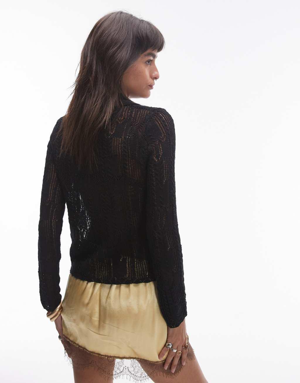 Topshop knitted long sleeve stitchy pattern shirt in black Product Image