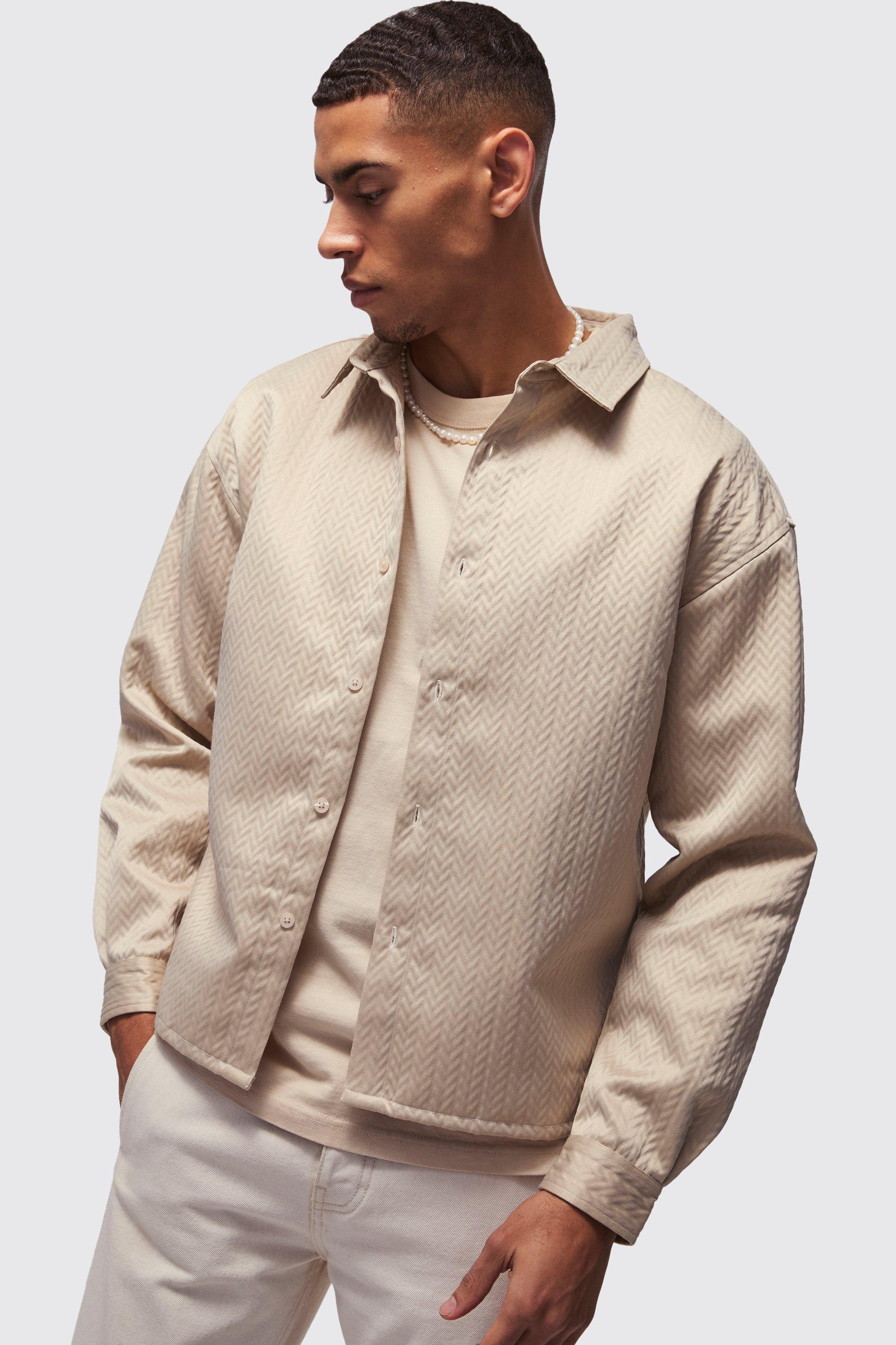 Oversized Boxy Herringbone Overshirt | boohooMAN USA Product Image