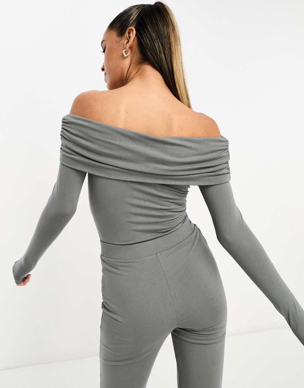 ASOS DESIGN cotton modal clean fold over bardot bodysuit in gray Product Image