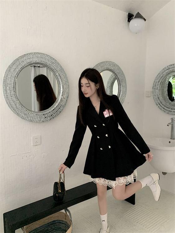 Bow Back Lace Trim Double-Breasted A-Line Blazer Dress Product Image