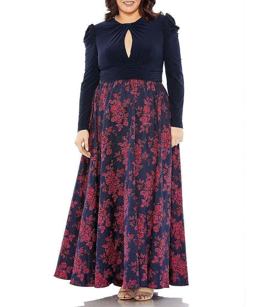 Mac Duggal Plus Size Long Sleeve Keyhole Knot Neck Floral Brocade Gown Product Image