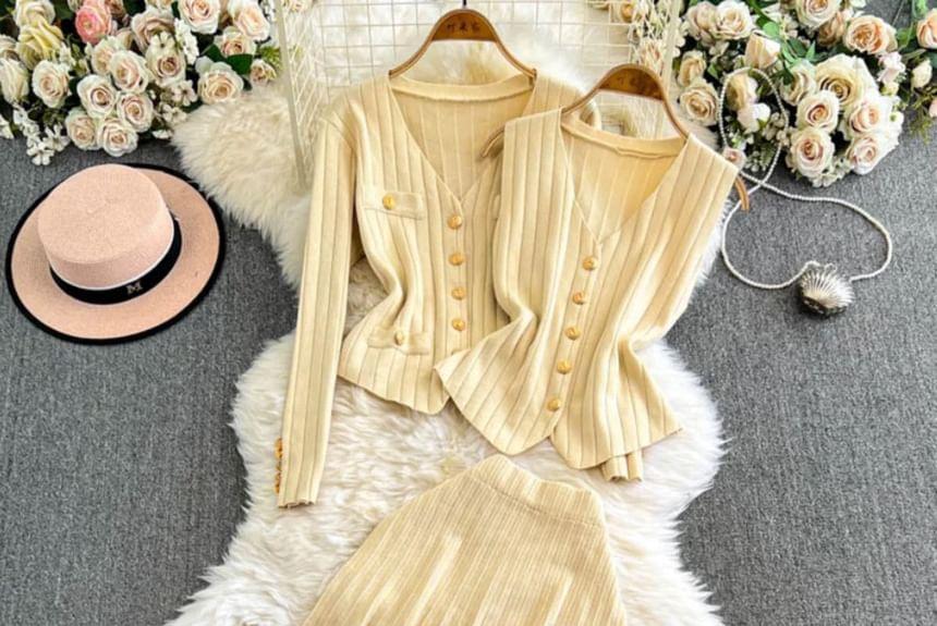 Set: V-Neck Plain Ribbed Cardigan + Sweater Vest + High Waist Midi Fishtail Skirt Product Image