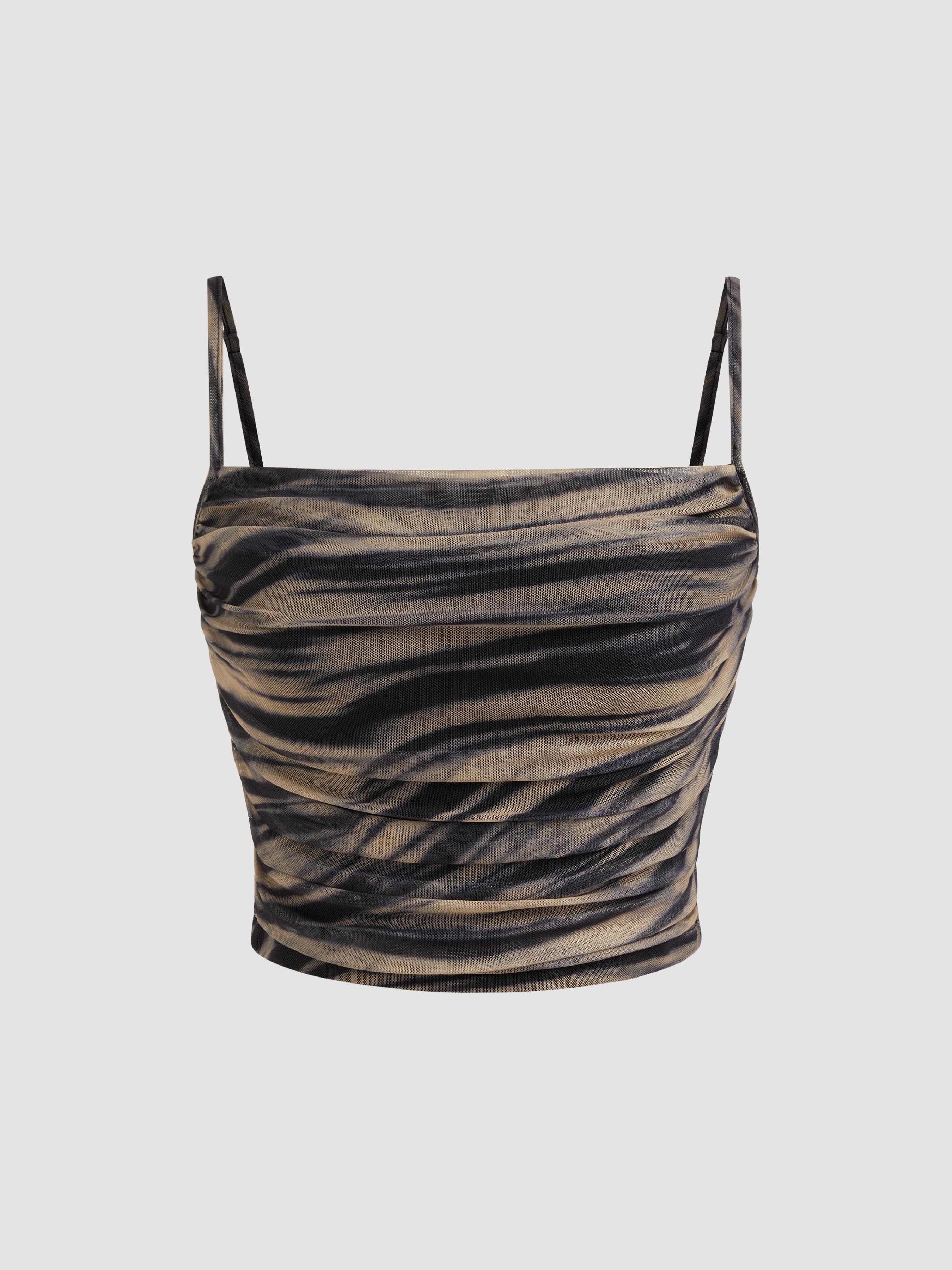 Mesh Square Neck Abstract Ruched Crop Cami Top Product Image