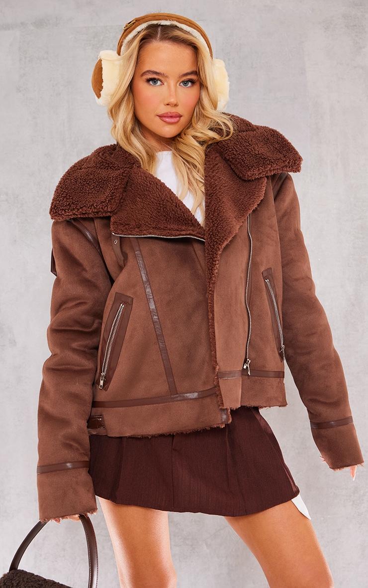 Chocolate Faux Suede PU Bonded Aviator Jacket product image