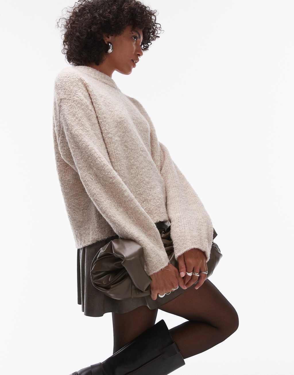 Topshop knitted boucle crew sweater in stone Product Image