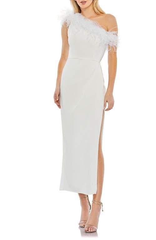 Mac Duggal Feather Trim One-Shoulder Cocktail Midi Dress Product Image