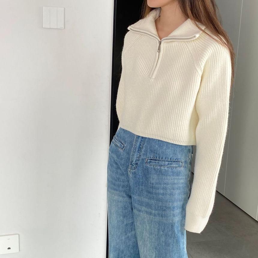 Turtleneck Half Zip Plain Ribbed Knit Crop Sweater Product Image