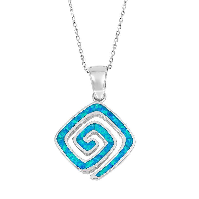 Lab-Created Blue Opal Sterling Silver Greek Key Pendant Necklace, Womens Product Image