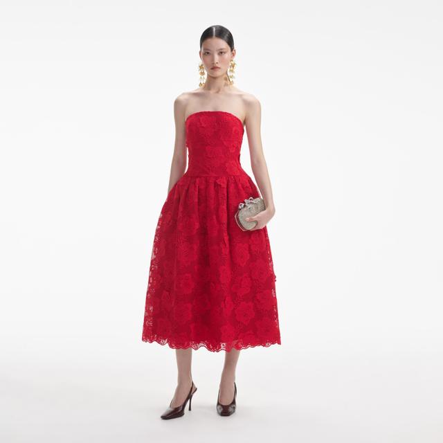 Red Bandeau Lace Midi Dress Product Image