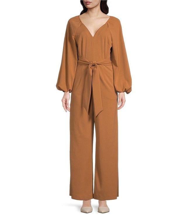 Alex Marie Scuba Crepe Logan Long Sleeve V-Neck Self Tie Waist Jumpsuit Product Image