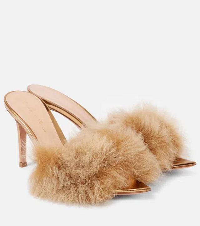 Pointy Shearling-trimmed Leather Mules In Beige Product Image