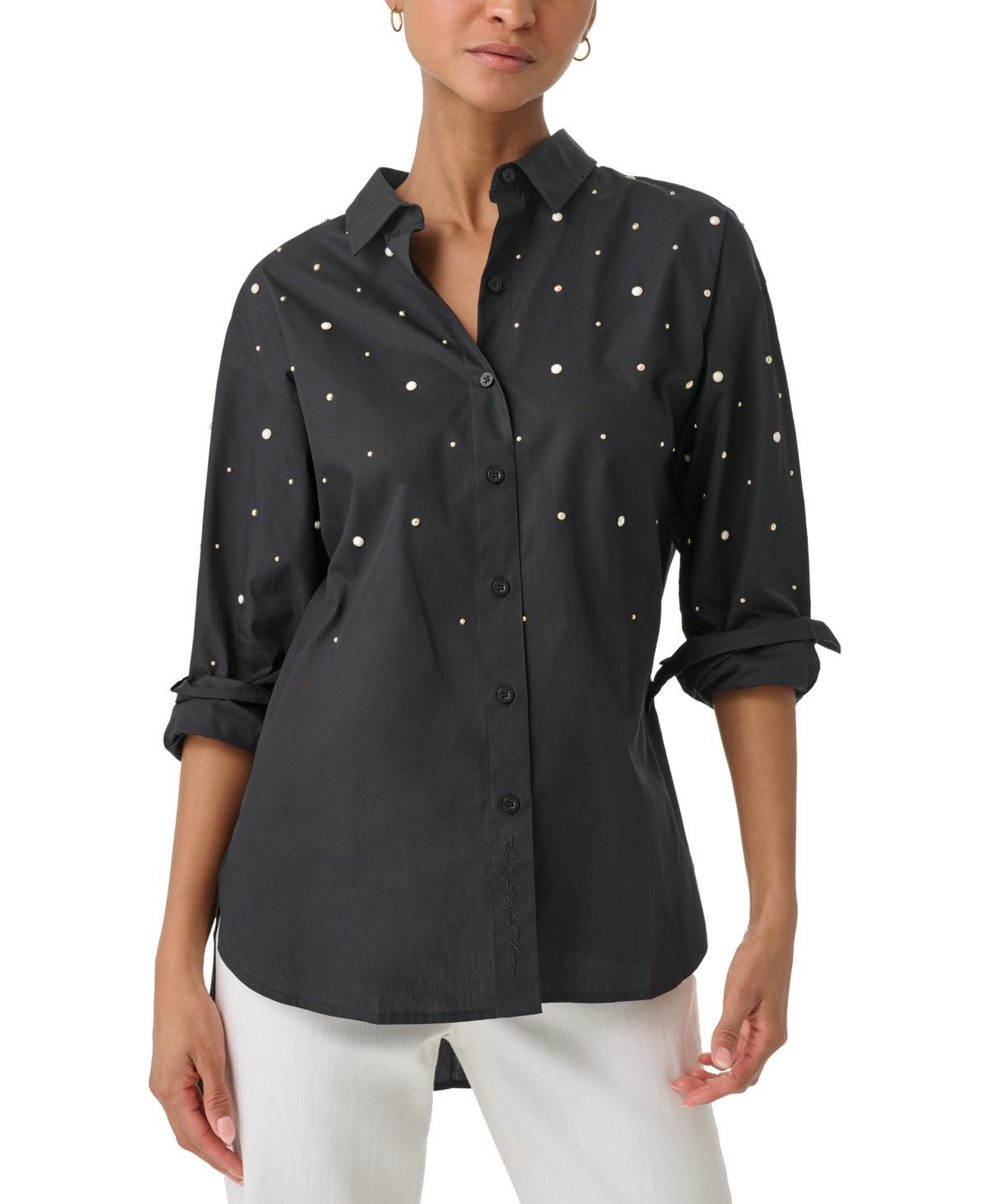 Karl Lagerfeld Paris Womens Embellished Button-Down Poplin Blouse Product Image