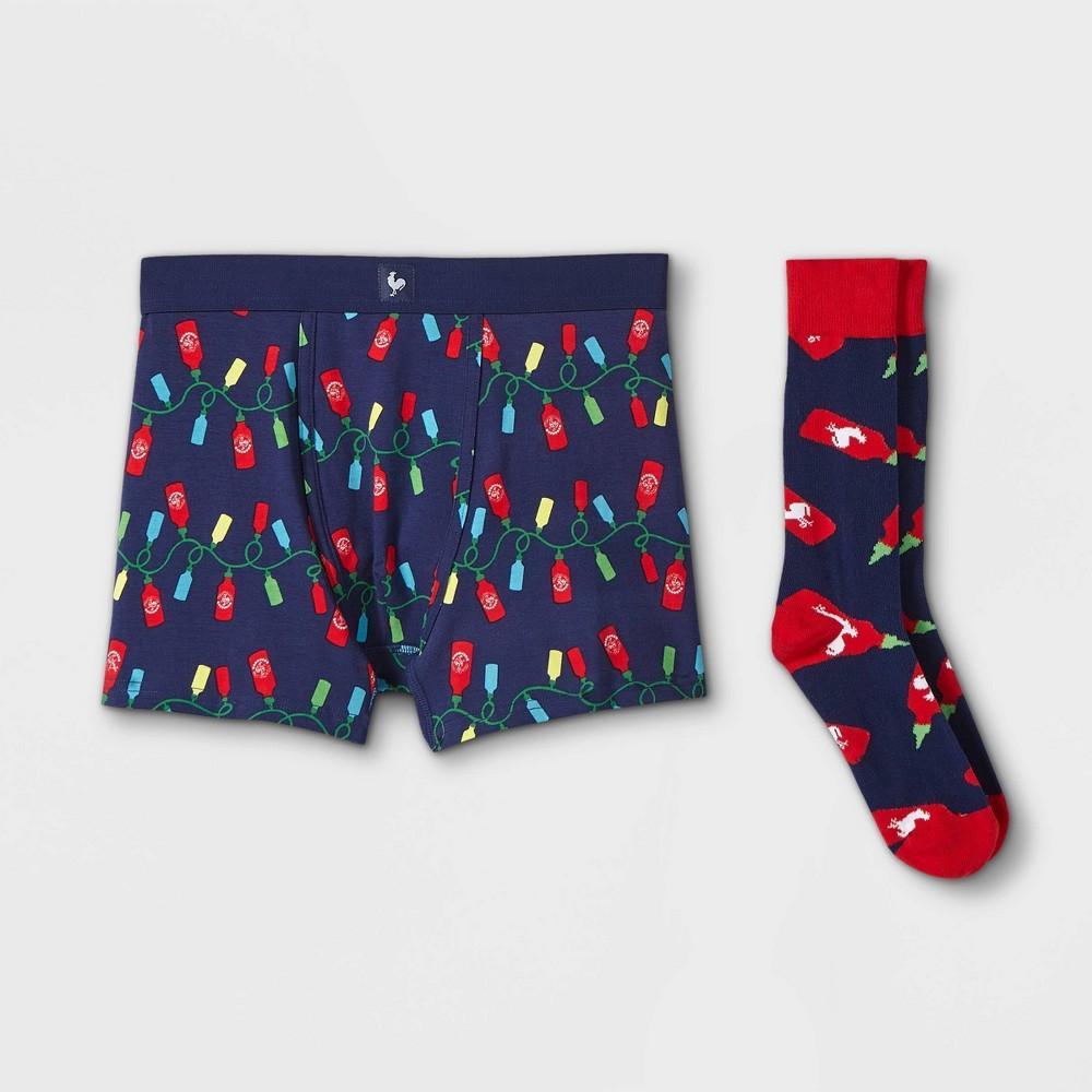 Mens Holiday Sriracha Saucy Lights Boxer Briefs & Socks Set - Navy/Red XL Product Image