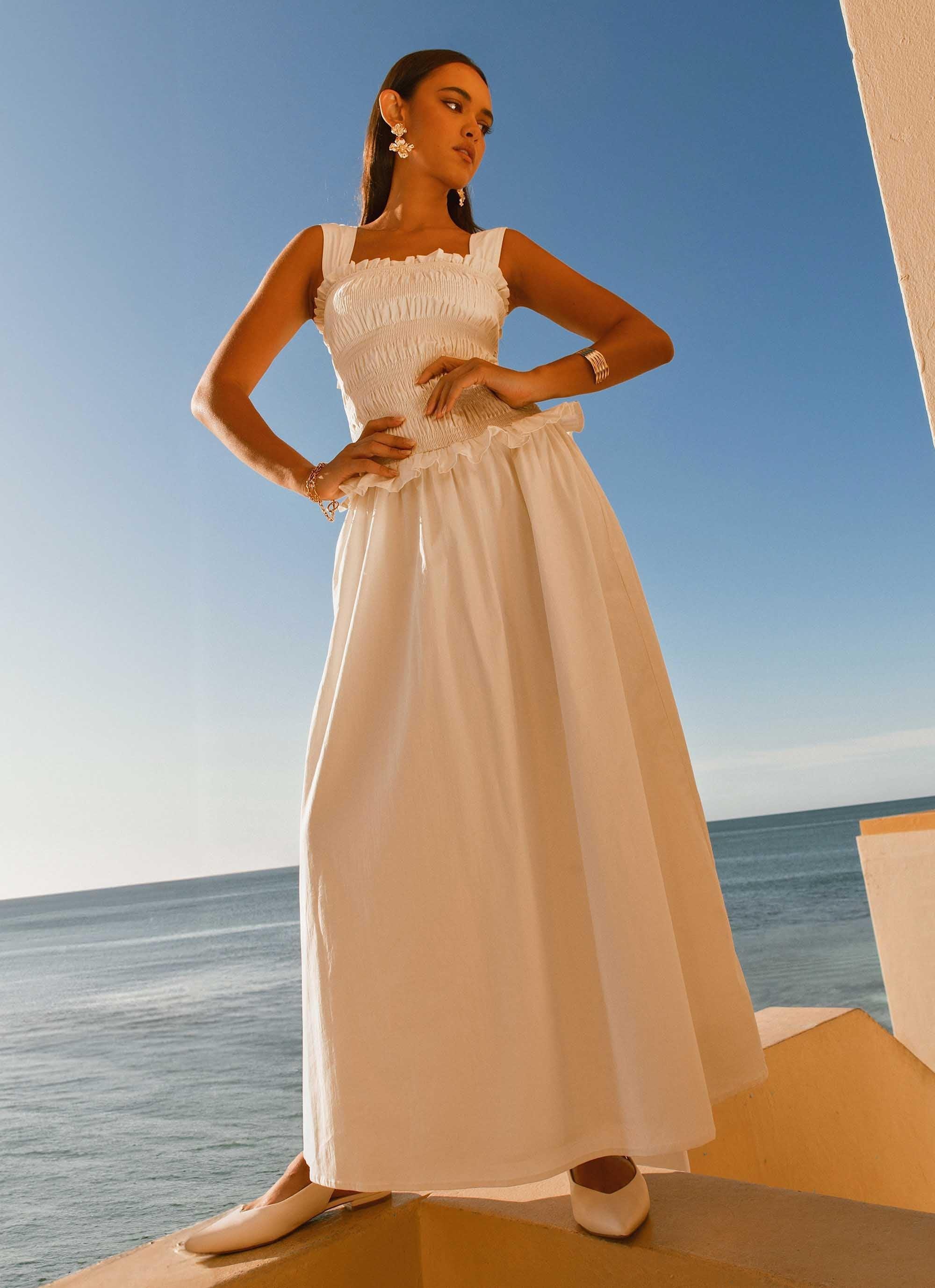 Deana Shirred Maxi Dress - White Product Image