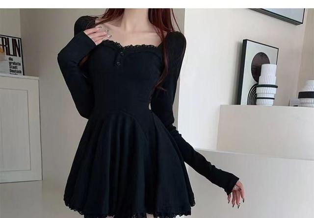 Long Sleeve Square Neck Plain Button Up Ruffle Trim Mini A-Line Dress Product Image