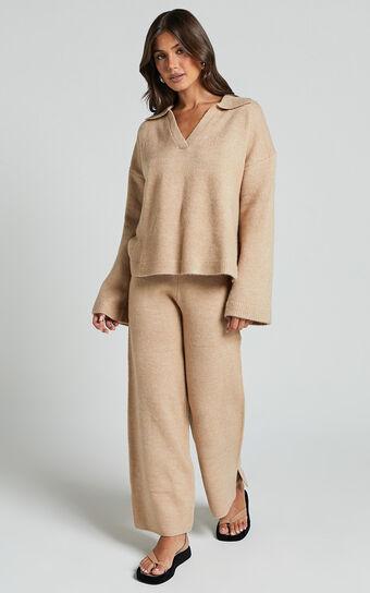 Livia Pants - Knitted High Waisted Side Split Pants in Beige Marl Product Image