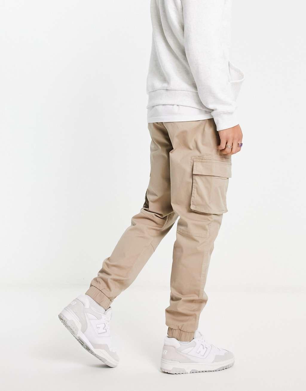 Only & Sons cuffed tapered fit cargo pants in stone Product Image