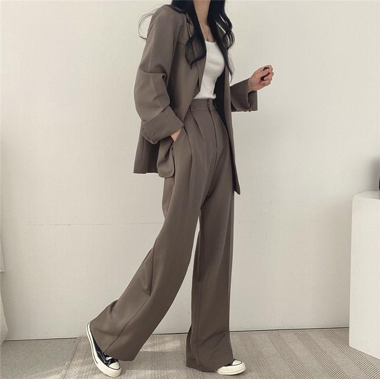 Lapel Collar Plain Single-Breasted Blazer / High Waist Wide Leg Dress Pants Product Image