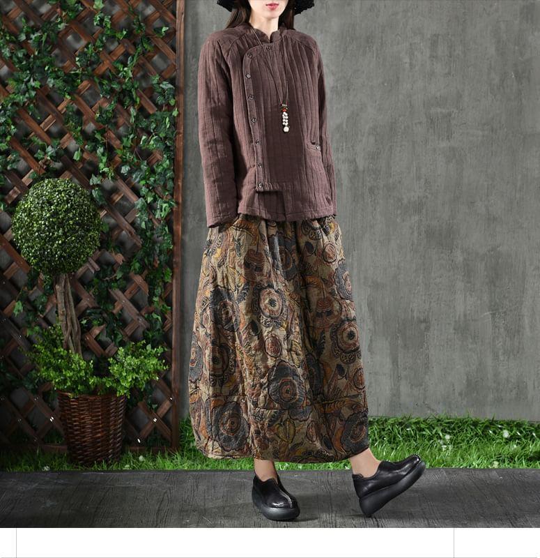 High Waist Floral Print A-Line Cotton Linen Skirt Product Image