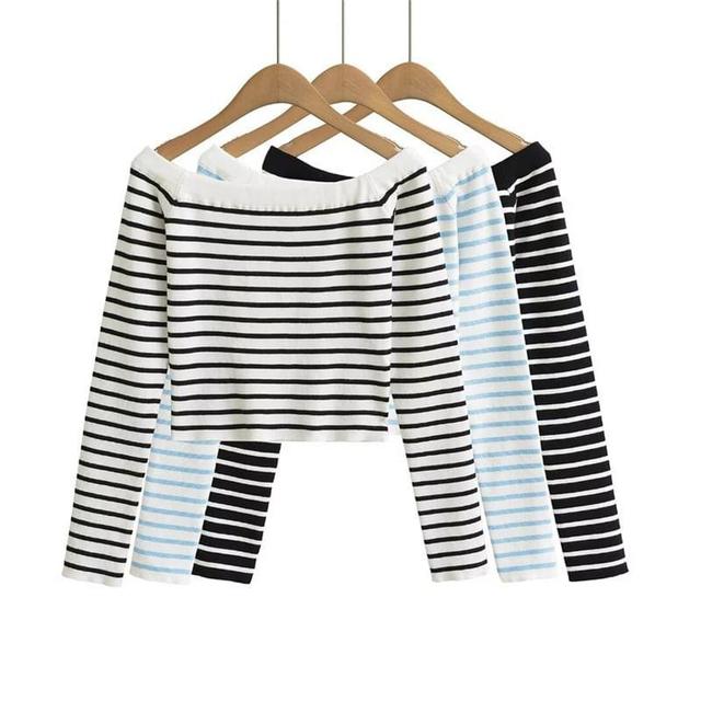 Long Sleeve Off Shoulder Striped Knit Crop Top Product Image