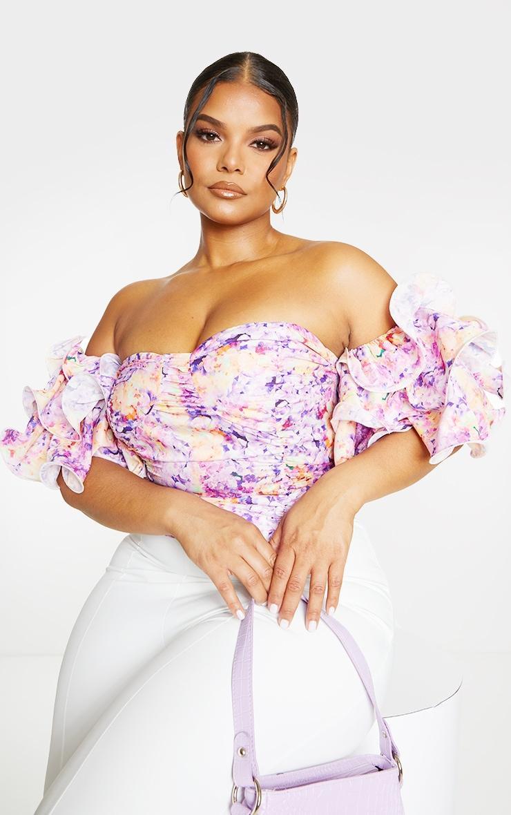 Plus Lilac Floral Print Puff Sleeve Bardot Crop Top Product Image