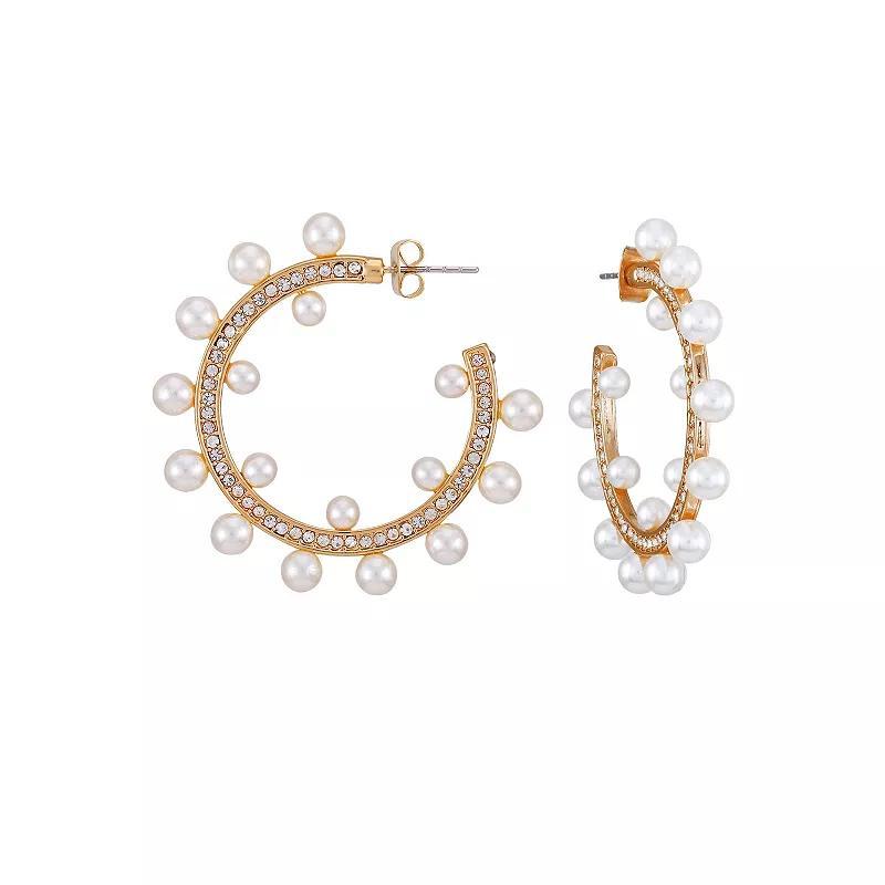 Berry Jewelry Gold Tone Simulated Pearl & Rhinestone Hoop Earrings, Womens Product Image