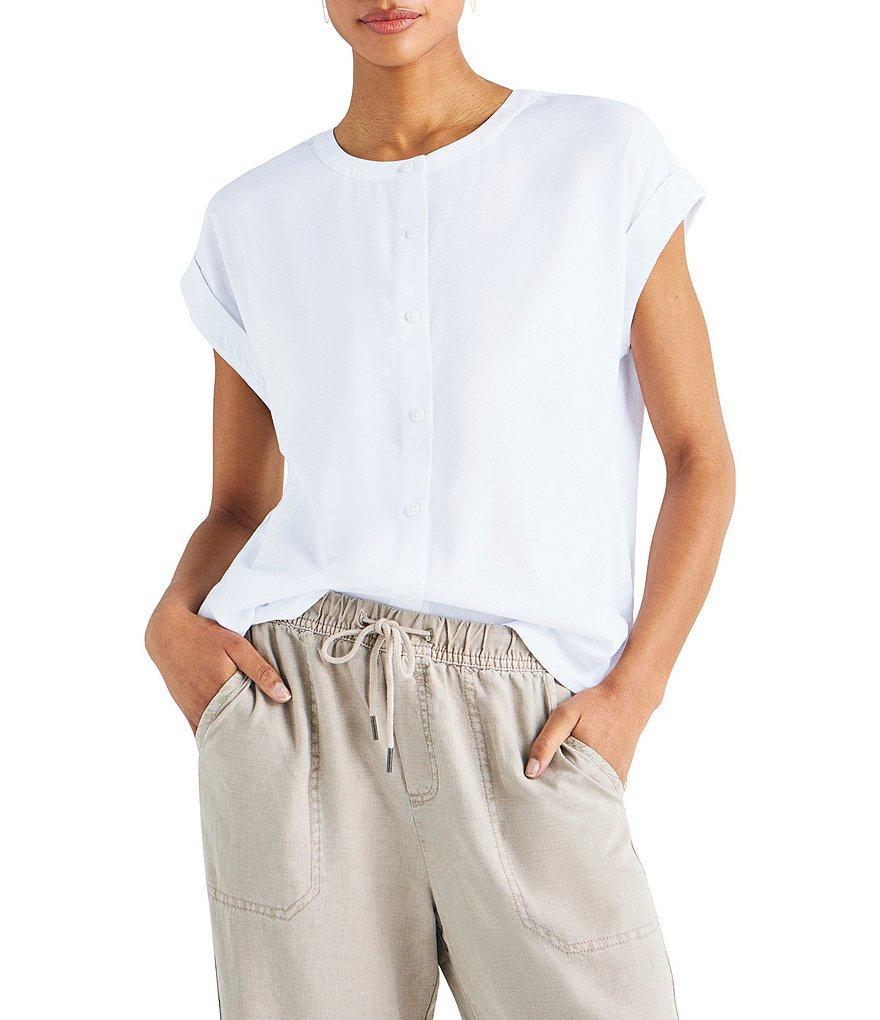 Splendid Chloe Woven Crew Neck Short Rolled Cuff Sleeve Button Front Blouse Product Image