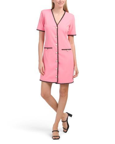 Stretch Ponte Button Front Shift Dress With Stitching For Women Product Image