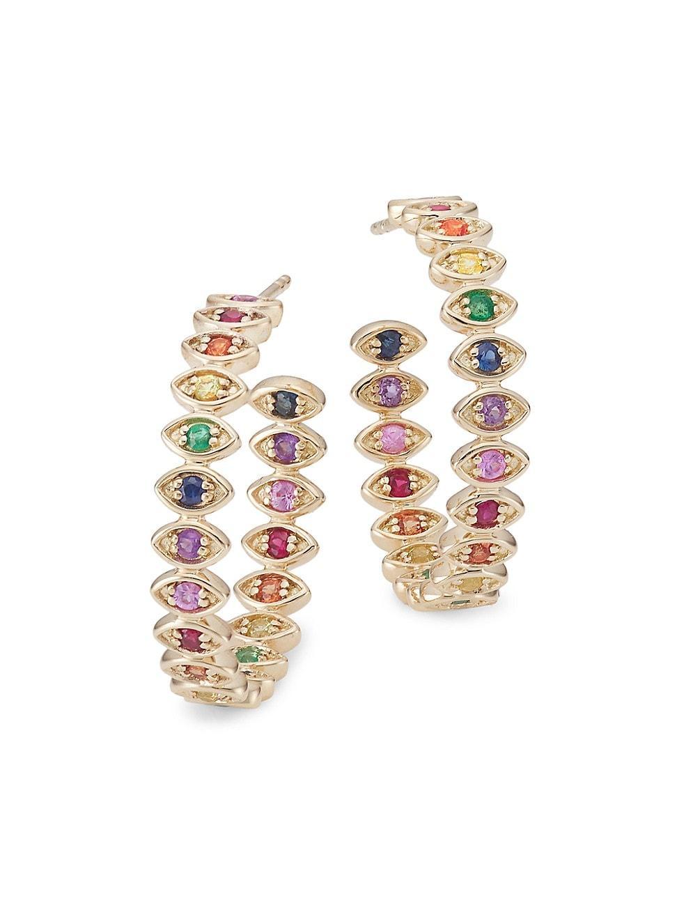 Womens 14K Yellow Gold & Rainbow Stone Medium Evil Eye Hoops Product Image