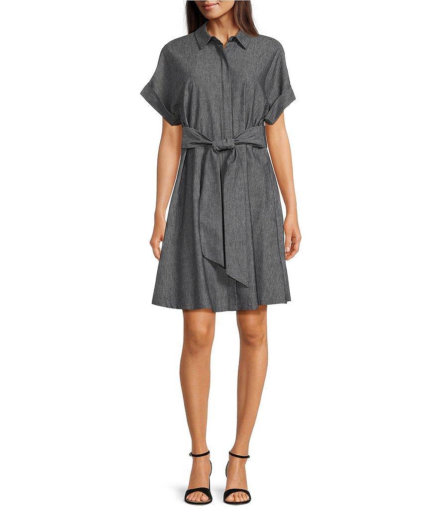 DKNY Chambray Point Collar Short Sleeve Tie Waist Shirt Dress Product Image