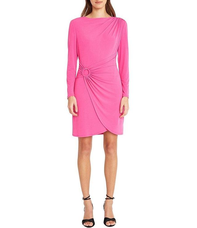 Donna Morgan Jewel Neck Long Sleeve Drape Stretch Matte Jersey Faux Wrap Dress Product Image