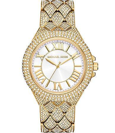 Michael Kors Womens Camille Crystal Three-Hand Pave Gold-Tone Stainless Steel Quilted Bracelet Watch Product Image