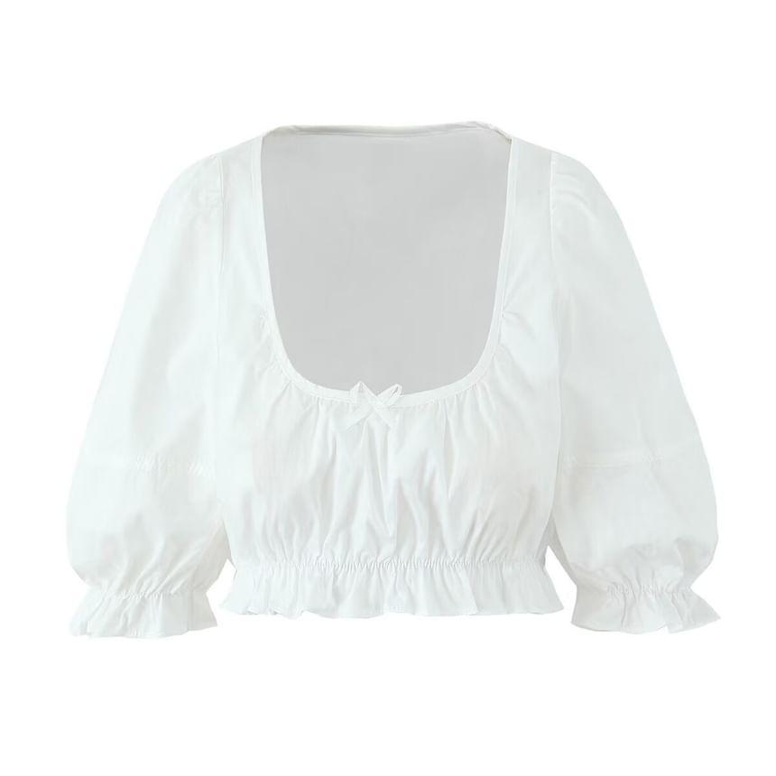 Elbow-Sleeve Scoop Neck Plain Crop Blouse Product Image