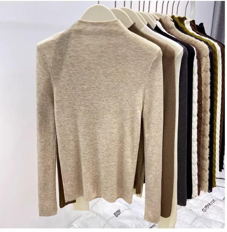 Long-Sleeve Mock Neck Plain Knit Top Product Image