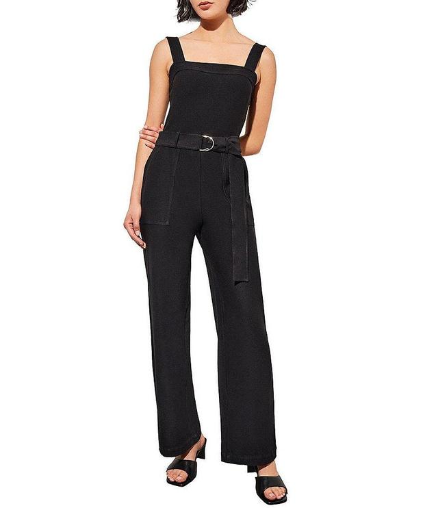 Ming Wang Deco Crepe Woven Square Neck Sleeveless Side Pocket Belted Jumpsuit Product Image