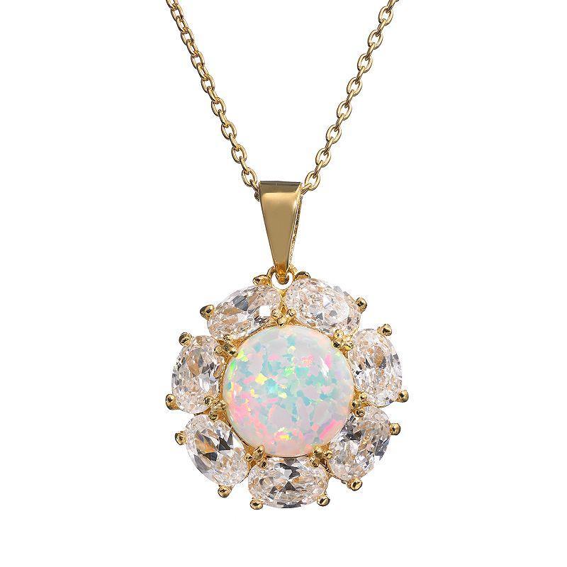 Sophie Miller Lab-Created Opal & Cubic Zirconia 14k Gold Over Silver Flower Pendant Necklace, Womens White Product Image