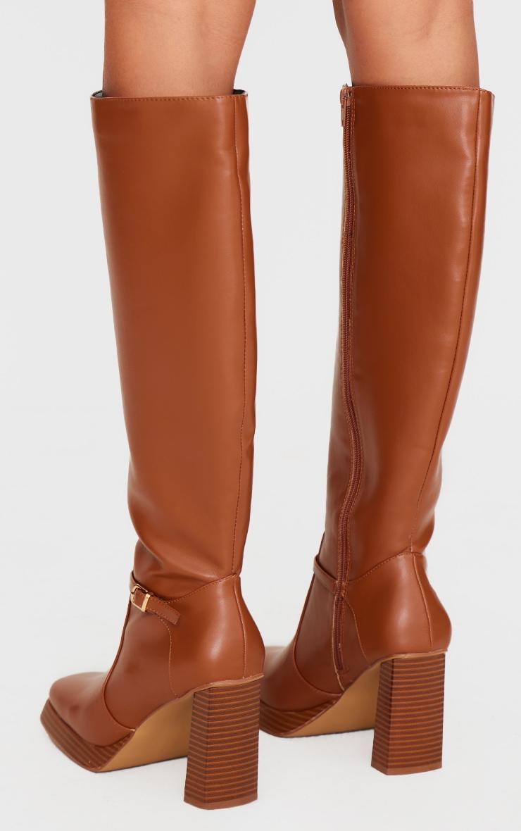 Tan PU Round Toe Gold Buckle Knee High Heeled Boots Product Image