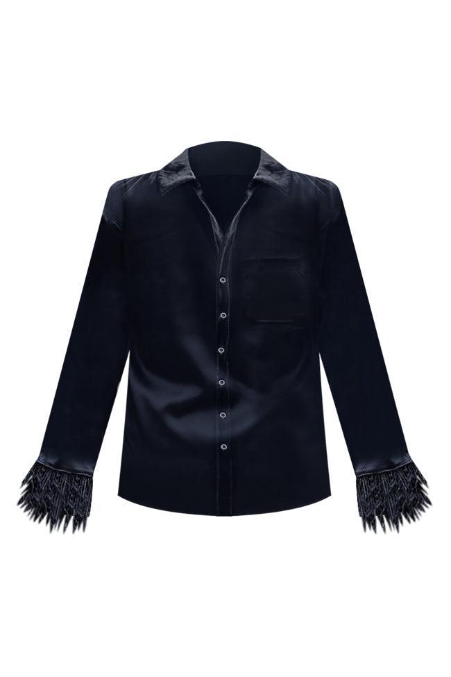 Can We Be Friends Black Feather Trim Sleeve Satin Blouse FINAL SALE Product Image