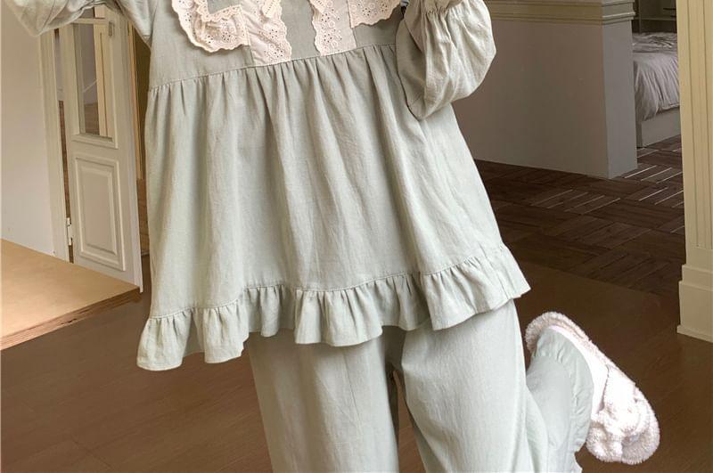 Pajama Set: Long-Sleeve Lace Ruffle Shirt + Pants Product Image