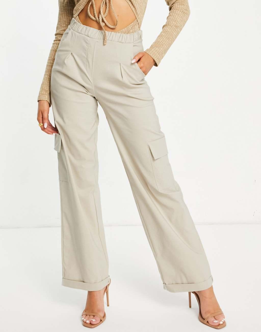 I Saw It First utility wide leg cargo pants in stone Product Image