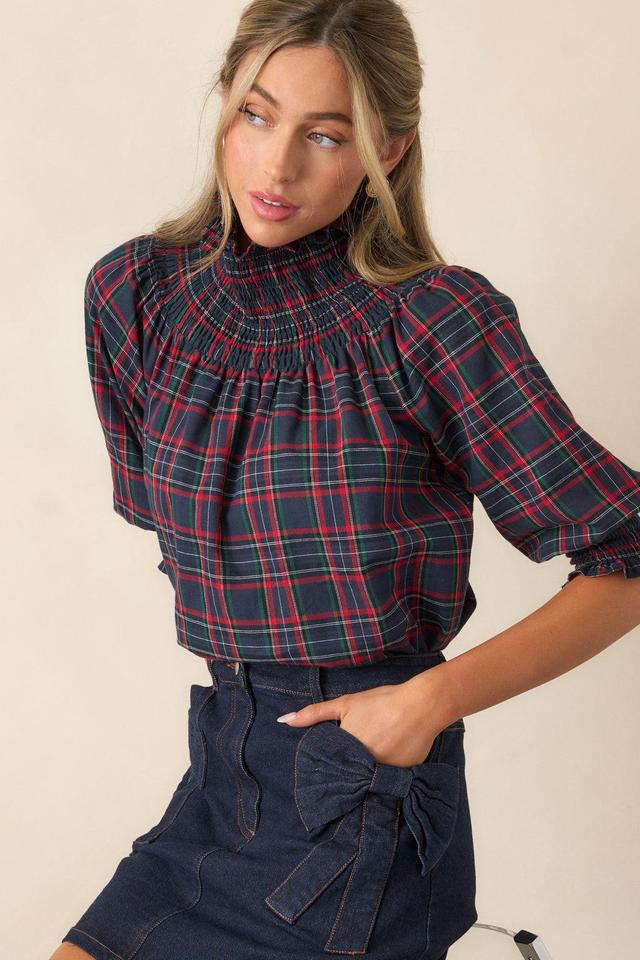 In The Zone 100% Cotton Navy Plaid Smock Neck Blouse Product Image