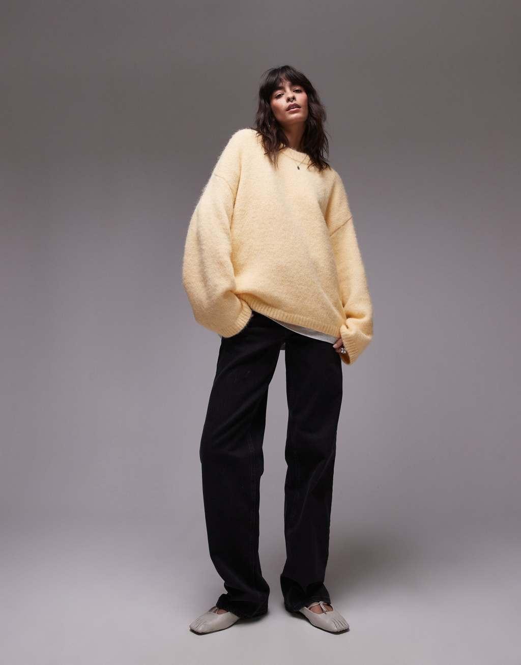 Topshop knitted boxy fluffy crew oversized sweater in buttermilk Product Image