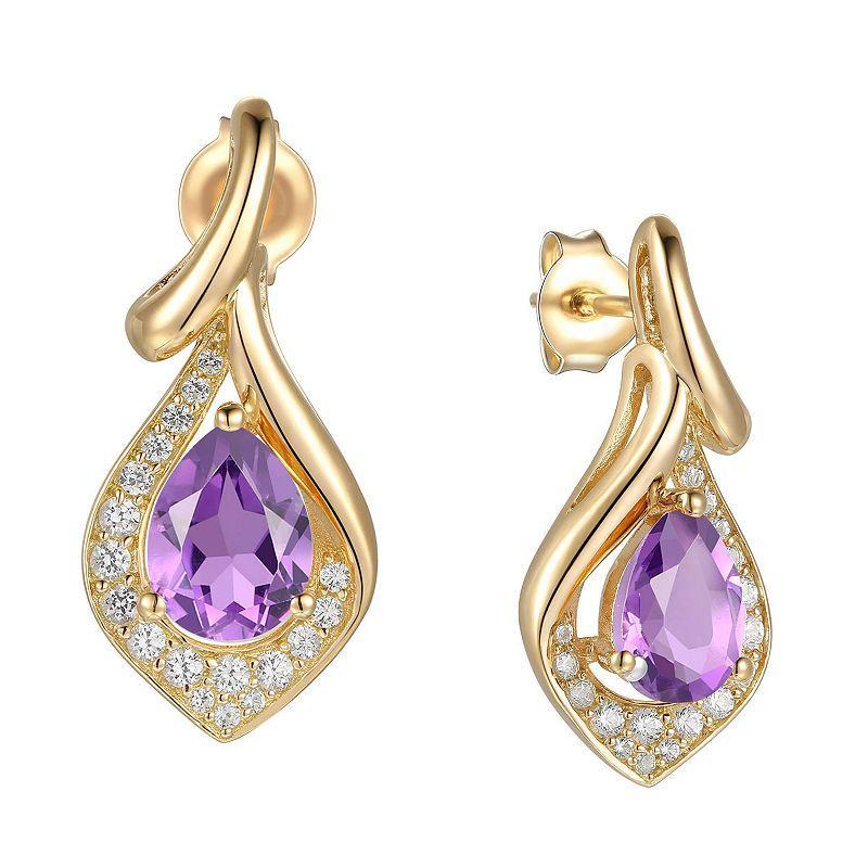 14k Gold Flash-Plated Amethyst & Lab-Created White Sapphire Stud Earrings, Womens, Yellow Product Image