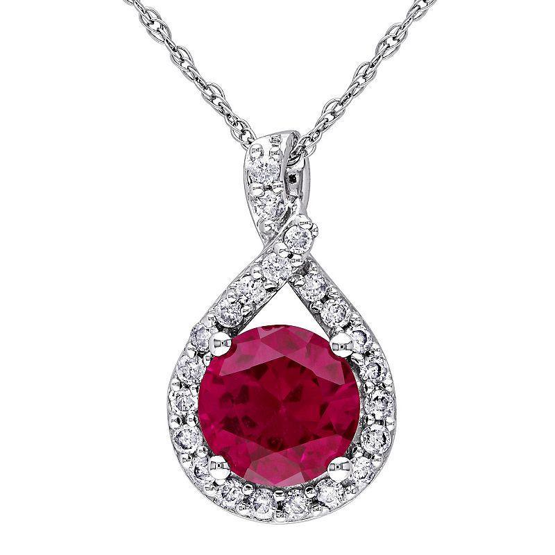 Stella Grace 10k White Gold 1/4 Carat T.W Diamond & Lab-Created Ruby Teardrop Pendant Necklace, Womens Product Image