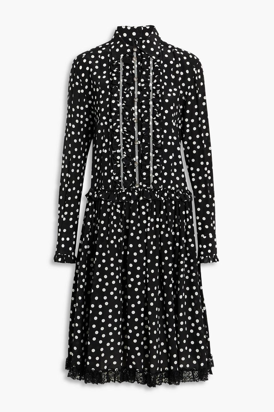 Lace-trimmed Polka-dot Silk-blend Crepe Dress In Black product image