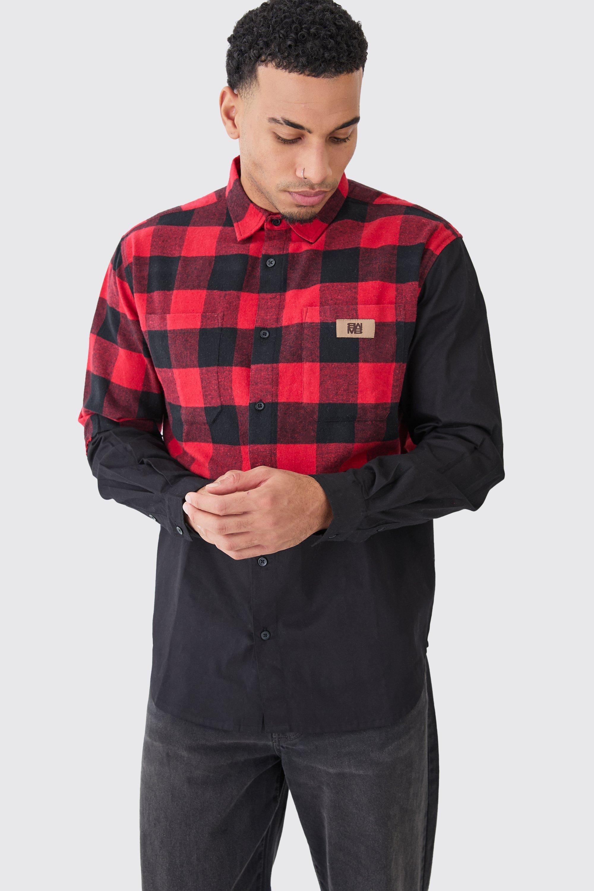 Oversized Twill Spliced Check Overshirt | boohooMAN USA Product Image