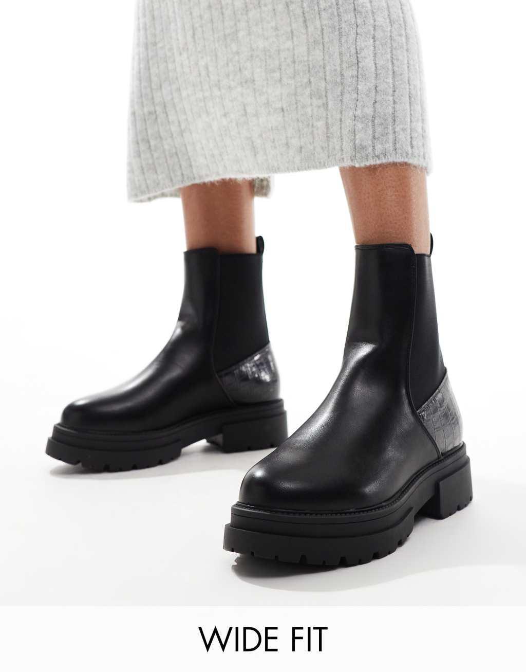 SEQWL Wide Fit ankle boots with croc detail in black Product Image