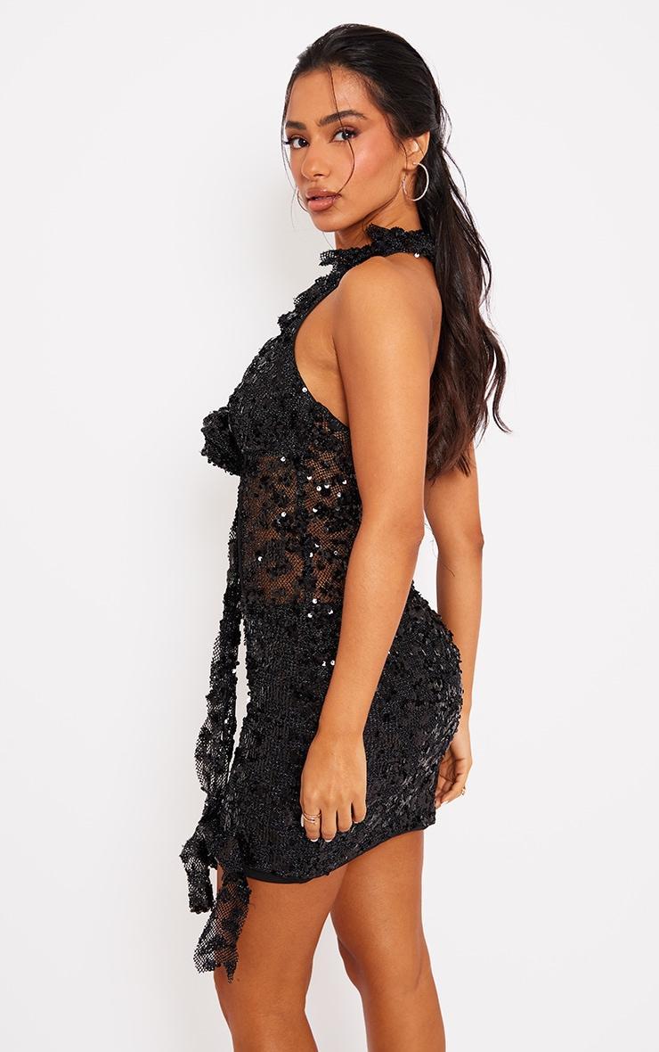 Petite Black Sequin Mini Dress With Rose Detail Product Image