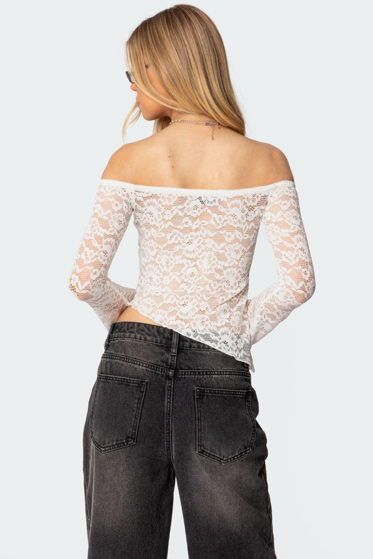 Asymmetric Sheer Lace Off Shoulder Top Product Image